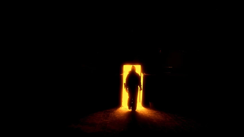 a person standing in front of an open door, inspired by roger deakins, flickr, monks!!!!!!!!! fire, firefighter, backlit, scp-914