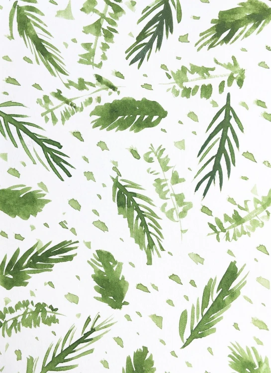 a pattern of green leaves on a white background, a screenprint, gouache painting, productphoto, watercolor splash, high detail product photo