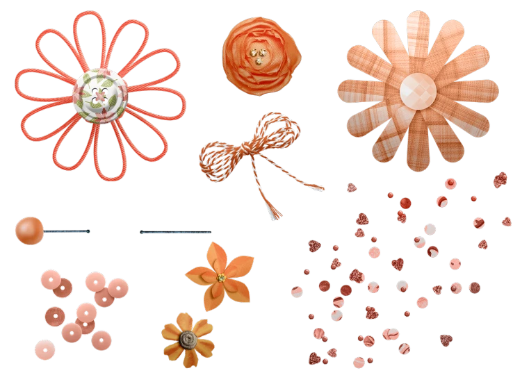 a bunch of buttons and flowers on a black background, a digital rendering, inspired by Masamitsu Ōta, orange ribbons, collage of styles, straw, 6