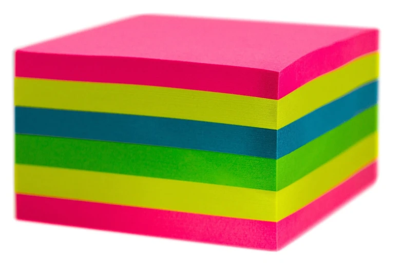 a stack of colorful post - it notes sitting on top of each other, packshot, close-up product photo, no gradients, neon pink