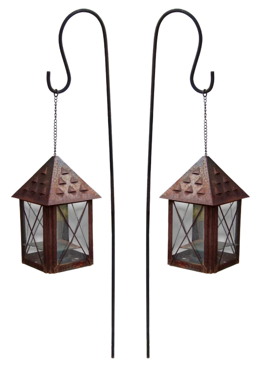 a pair of lanterns hanging from a metal pole, a digital rendering, folk art, clear detailed view, 1/320, 1 5 th century, 2 point lighting