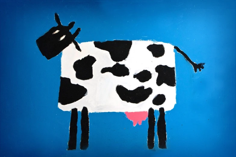 a painting of a cow on a blue background, by Tony Tuckson, flickr, folk art, aardman animation, high contrast!, 2 0 1 0, matt rhodes