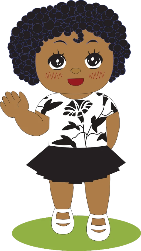 a cartoon african american girl waving her hand, inspired by Takehisa Yumeji, pixabay contest winner, toyism, standing with a black background, doll, vectorized, floral