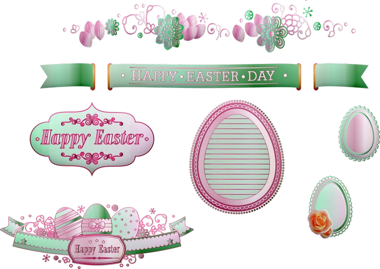 a bunch of pink and green items on a black background, digital art, easter, happy!!!, banners, word