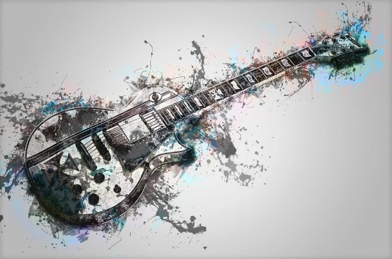 a close up of a guitar with paint splatters, by Eugeniusz Zak, trending on pixabay, digital art, on a gray background, perspective artwork, electric wallpaper, digital art - w 640