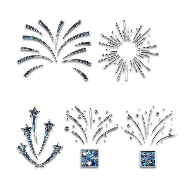 a bunch of fireworks on a black background, concept art, art deco, game icon asset, blue and silver colors, turnaround, swarovski style