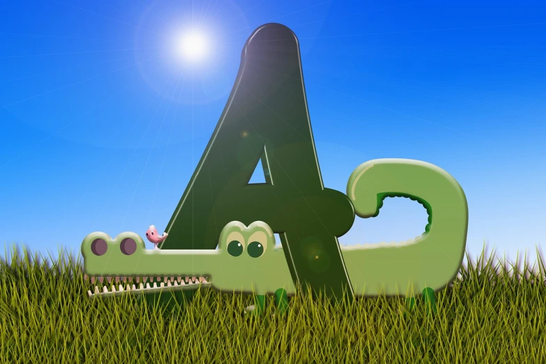 a cartoon alligator sitting in the grass next to the letter a, a picture, digital art, in a sunny day, modern very sharp photo, anna, piggy