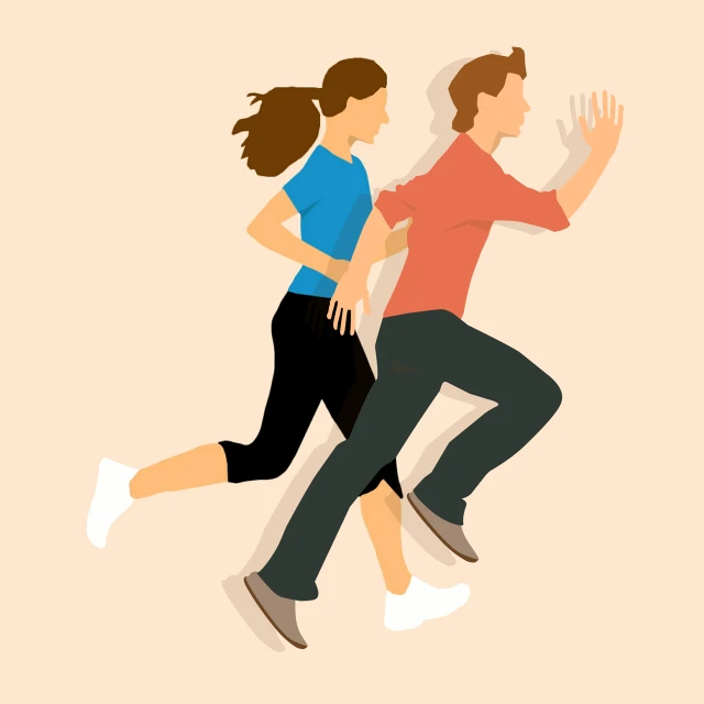 a man and a woman are running together, vector art, top down photo, sleek design, high detail illustration, long shadow