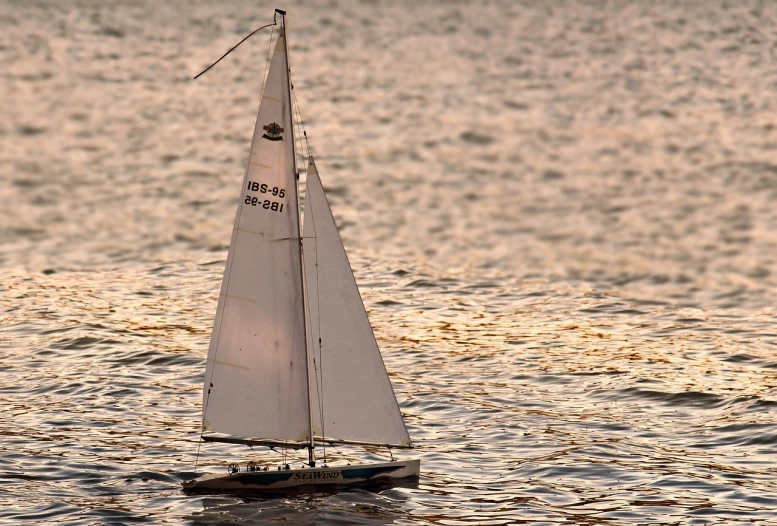 a small sailboat floating on top of a body of water, by Jim Nelson, flickr, folk art, soft evening lighting, 1 / 1 6 th scale, enjoying the wind, full frame shot