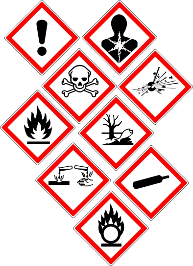 a set of hazard signs on a black background, by Miroslava Sviridova, pixabay, digital art, bio chemical illustration, sticker design vector art, black on white background, stock photo