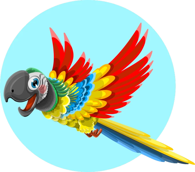 a cartoon parrot flying through the air, an illustration of, inspired by Charles Bird King, shutterstock, cartoon style illustration, high detail illustration, rounded beak, colorful concept art