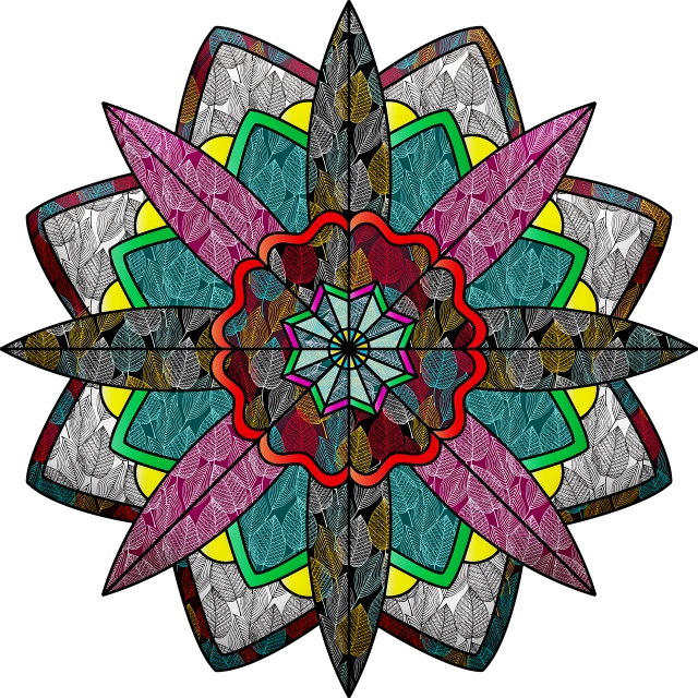 a close up of a colorful flower on a black background, a digital rendering, inspired by Adolf Wölfli, psychedelic art, stained glass window geometric, seven pointed pink star, rorsach path traced, colored marble