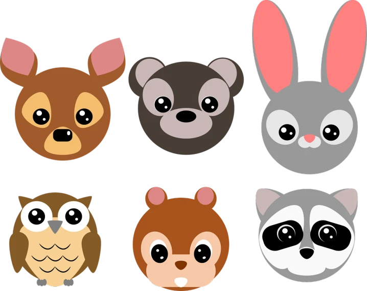a group of cartoon animals on a black background, trending on pixabay, mingei, cute large eyes, 3 woodland critters, animal style head, cute:2