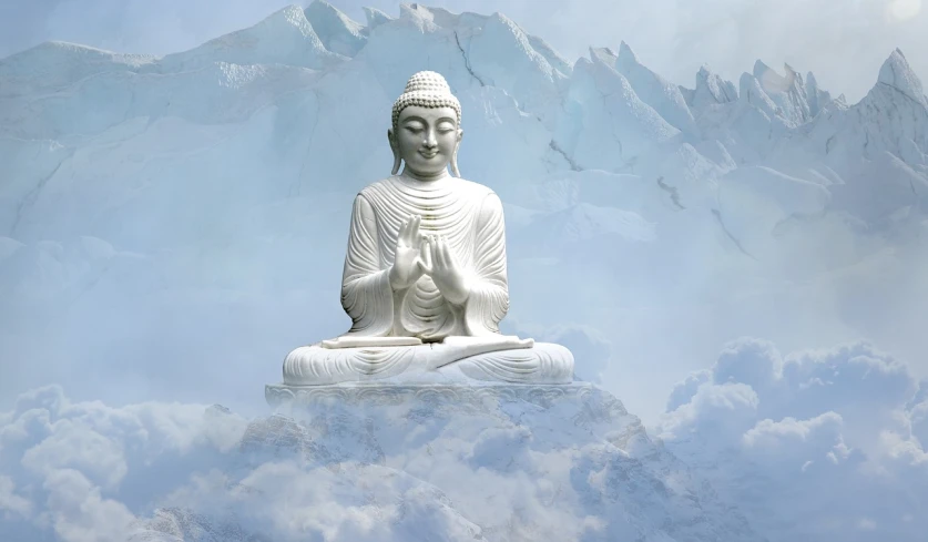 a white buddha statue sitting on top of a mountain, trending on pixabay, sitting in a fluffy cloud, snow, karma sutra, white hair floating in air