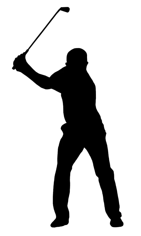 a silhouette of a man holding a golf club, trending on pixabay, digital art, <pointé pose>;open mouth, holding a hammer, clear silhouette, indistinct man with his hand up