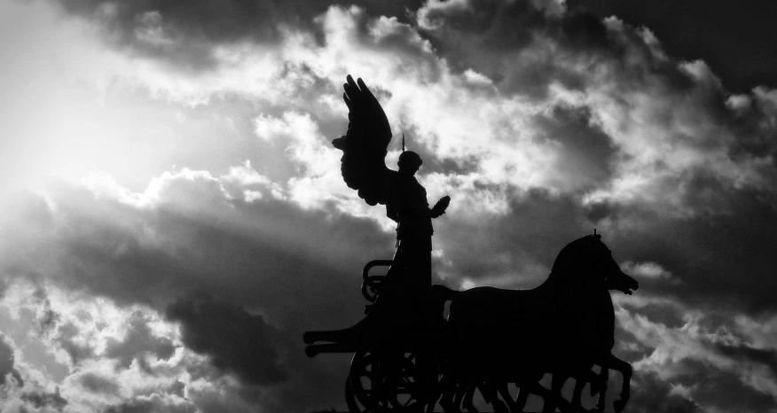 a statue of an angel on top of a horse drawn carriage, by Ihor Podolchak, fine art, strong silhouette, wings are clouds of darkness, b&w!, a portrait of @hypnos_onc