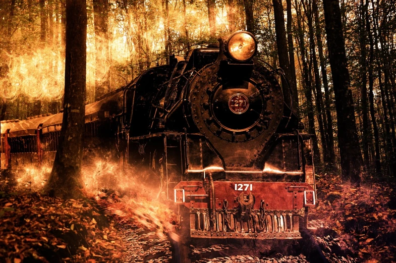 a train traveling through a forest filled with trees, a portrait, inspired by John Atkinson Grimshaw, pixabay contest winner, fire place roaring, steampunk forest background, portrait of a slightly rusty, 7 7 7 7