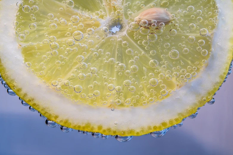 a slice of lemon in a glass of water, a macro photograph, by Hans Werner Schmidt, lots of bubbles, wallpaper - 1 0 2 4, view from below, captured on canon eos r 6