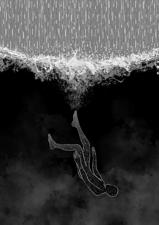 a drawing of a person falling off of a surfboard, an album cover, by João Artur da Silva, tumblr, conceptual art, dark but detailed digital art, feet in water, black and white image, jen bartel