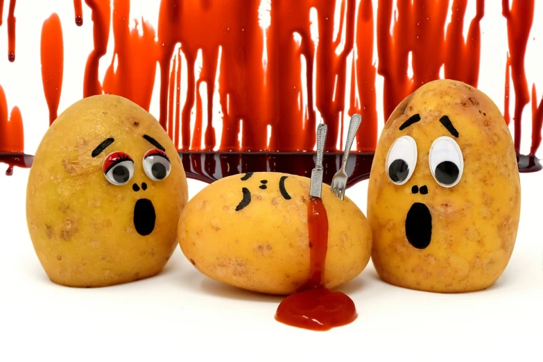 a couple of potatoes sitting next to each other, a cartoon, inspired by Heinz Anger, trending on pixabay, process art, bloody scene, dripping bbq sauce, marketing photo, orange pupils