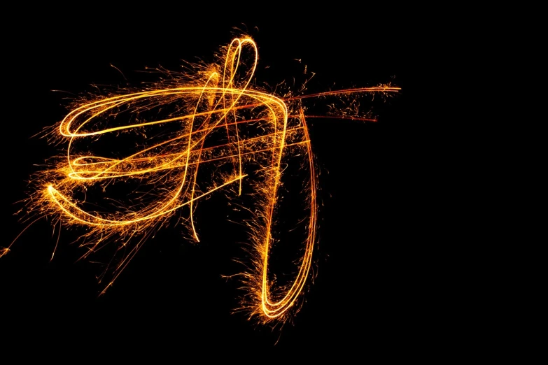 a close up of a sparkler on a black background, lyrical abstraction, golden curve composition, flowing lettering, fractal fire background, thin strokes