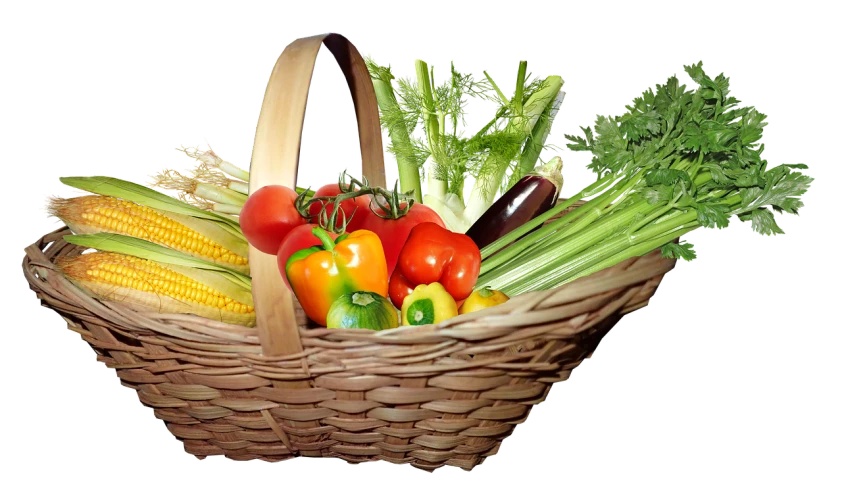 a basket filled with different types of vegetables, a digital rendering, pixabay, oprah okra winfrey sentient veg, stock photo, with a black background, corn