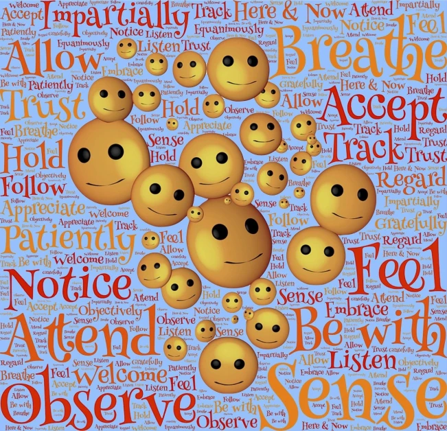 a bunch of smiley faces on a blue background, a poster, by Terese Nielsen, trending on pixabay, conceptual art, words, looking across the shoulder, attention filter, many beings walking about