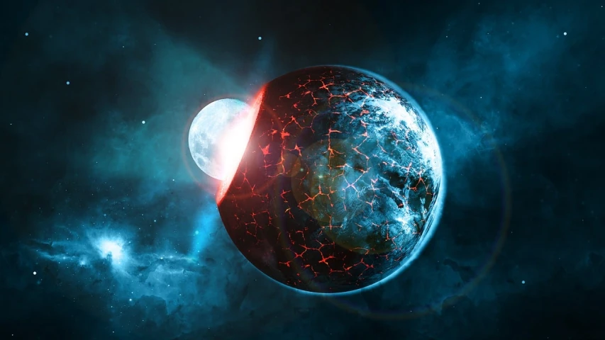 a close up of a planet with a star in the background, digital art, by Adam Marczyński, shutterstock, space art, blood red cresent moon, two planets colliding, hollow earth infographic, red and blue back light