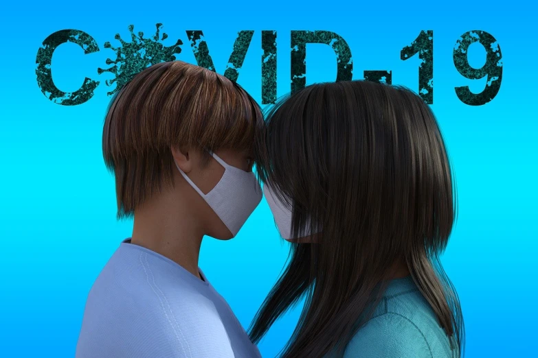 a man and a woman wearing face masks, a digital rendering, trending on pixabay, peasant boy and girl first kiss, daz3d, poster of corona virus, profile picture 1024px