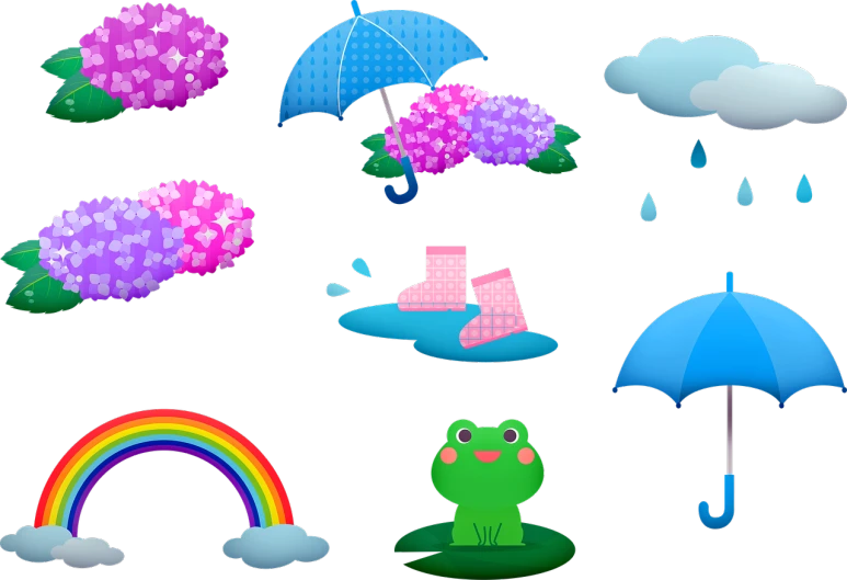 a bunch of different types of umbrellas, trending on pixabay, process art, frog themed, puffy cute clouds, spring season, black!!!!! background