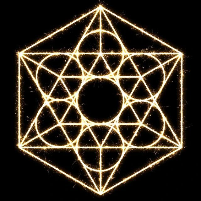 a golden star of david on a black background, inspired by Buckminster Fuller, digital art, glowing digital runes, solid cube of light, cosmic energy wires, hexagon in front of the sun