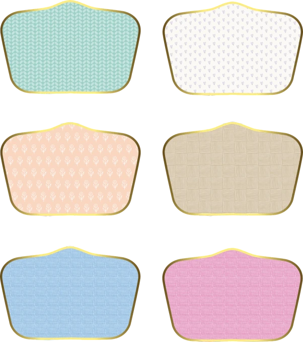 a set of four different colored labels on a black background, a pastel, sōsaku hanga, golden magical shoulder pads, seamless fabric pattern 8k, cupcake, highly detailed panel cuts