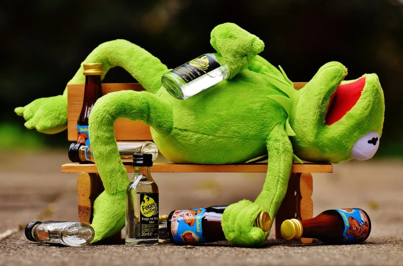 a stuffed frog sitting on top of a wooden bench, a picture, pexels, happening, robots drinking alcohol, the grinch, broken bottles, wallpaper - 1 0 2 4