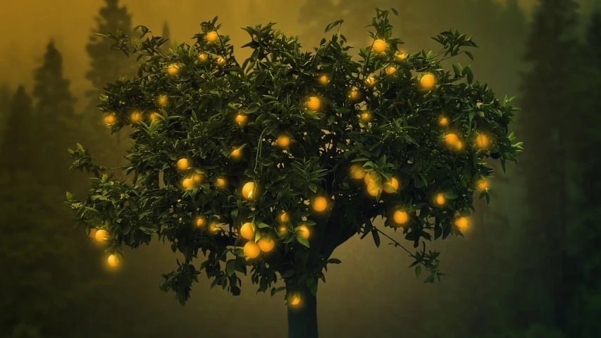 an orange tree in the middle of a foggy forest, by Artur Tarnowski, trending on pixabay, magic realism, arms of lemons, with glowing lights at night, made of glowing wax and ceramic, lemonade