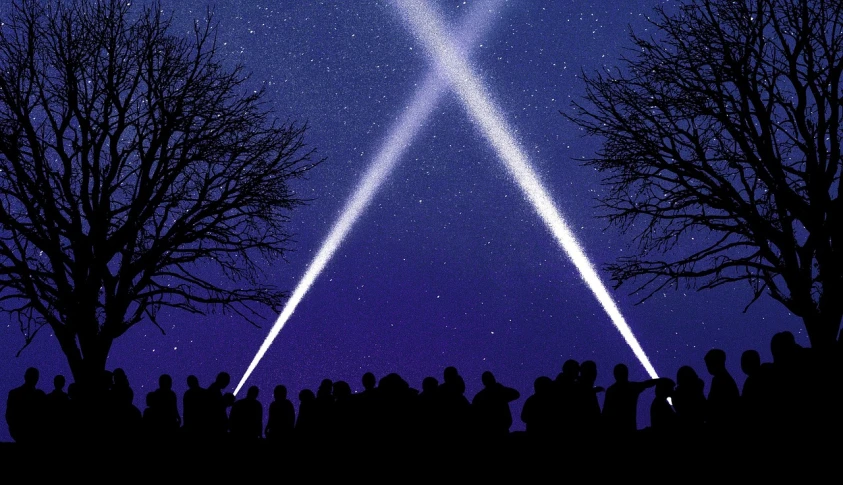 a group of people standing in front of a star filled sky, an illustration of, by Ryoji Ikeda, context art, laser beam ; outdoor, holy cross, x - day, hyperrealistic image of x