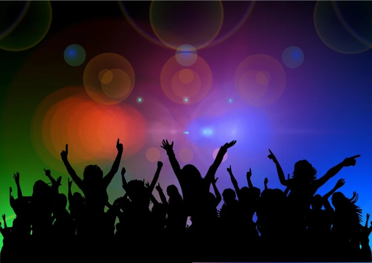 a group of people raising their hands in the air, a picture, by Edward Corbett, shutterstock, colorful dark vector, nightclub background, background image, detailed picture