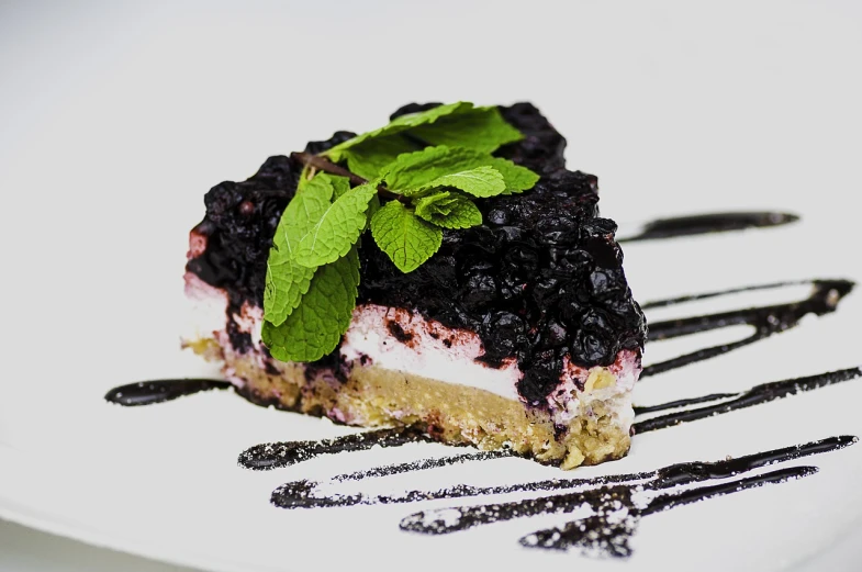 a piece of cake sitting on top of a white plate, a pastel, by Mirko Rački, pixabay, blueberry, mint, black on white, stock photo