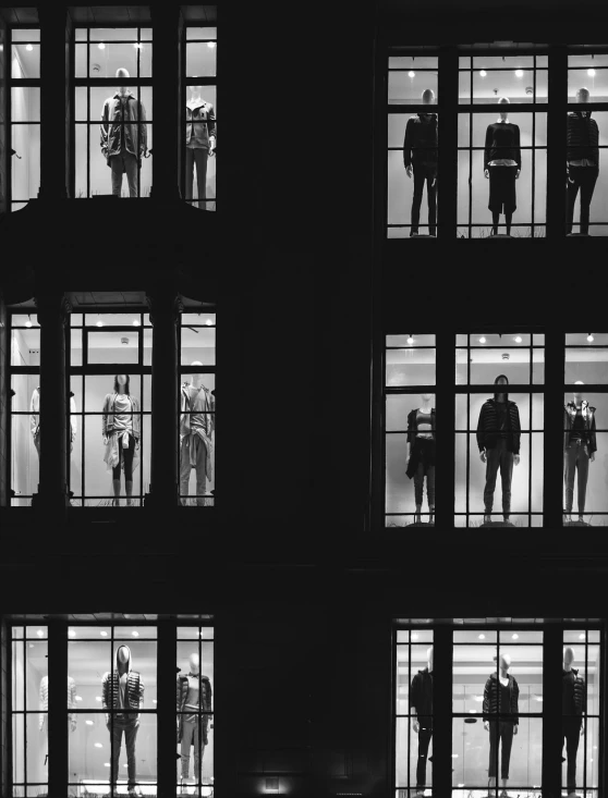 a group of people standing in the windows of a building, by Matija Jama, dark academia, people at work, jonathan ivy, repetition