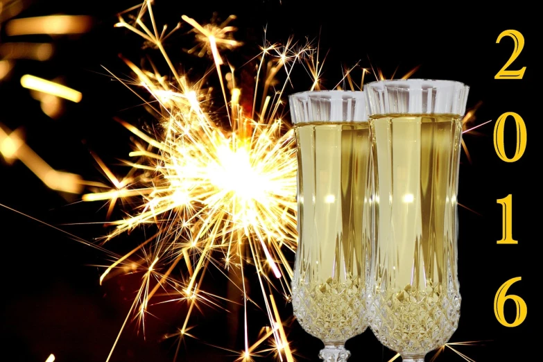 two glasses of champagne with a sparkler in the background, a digital rendering, by John Clayton Adams, pixabay, fireworks in background, with sparkling gems on top, schnapps, frank frazzeta