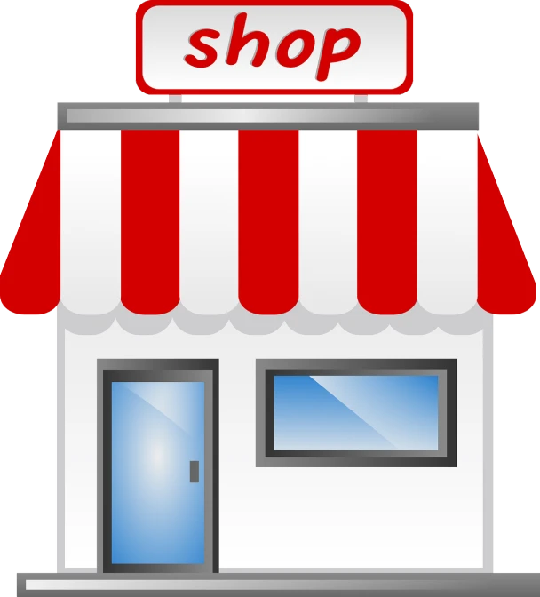 a store with a red and white awning, pixabay, simple and clean illustration, style of shoji kawamori, white background, silver