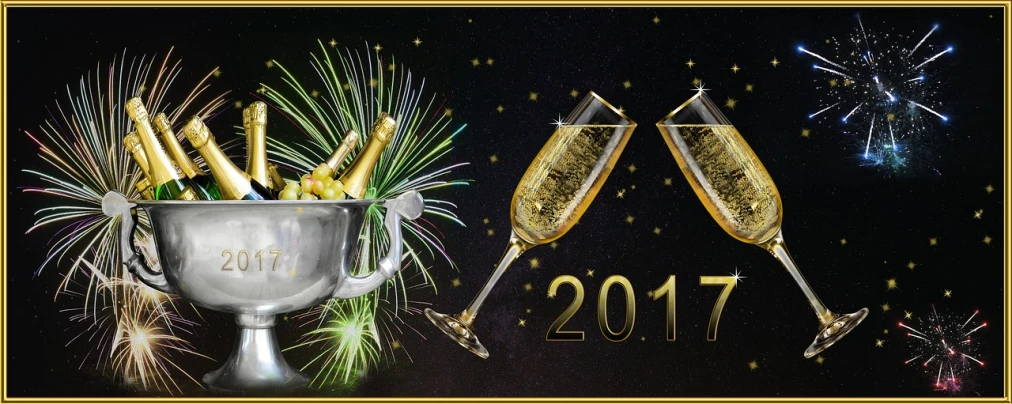 two glasses of champagne with fireworks in the background, a digital rendering, pixabay, banner, 2 0 1 7, photo photo, year 2447