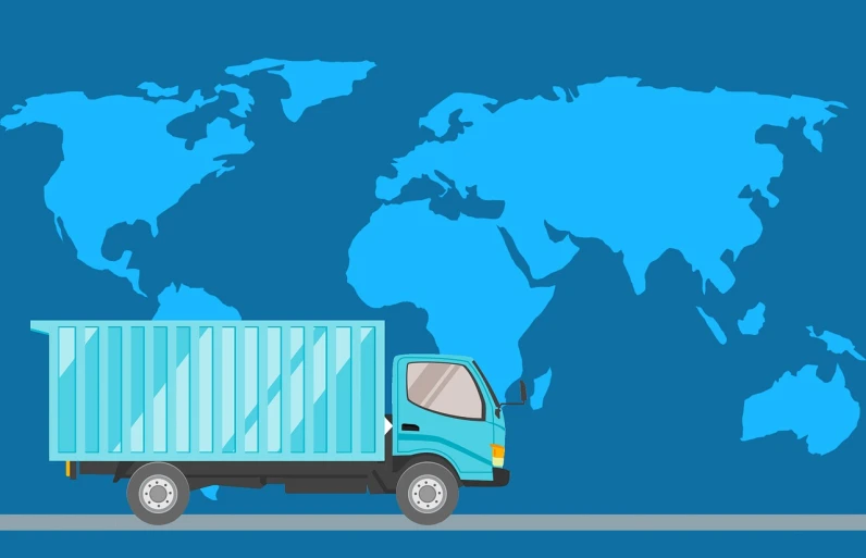 a blue truck with a world map in the background, an illustration of, shutterstock, flat color, stock photo