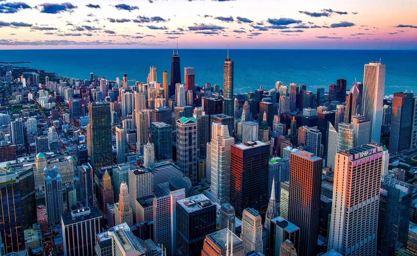 a view of a city with lots of tall buildings, by Matthew D. Wilson, pexels contest winner, happening, chicago skyline, 1 0 2 4 x 7 6 8, hd aerial photography, colorful picture