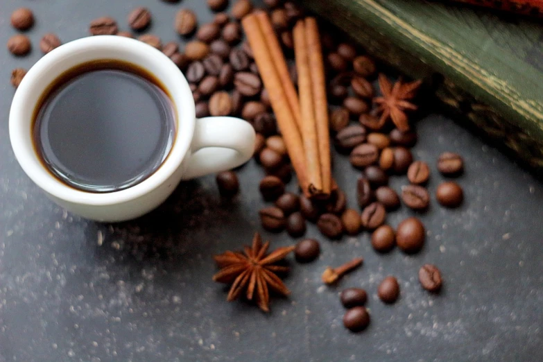 a cup of coffee surrounded by coffee beans and cinnamon sticks, by Edward Avedisian, unsplash, renaissance, banner, sichuan, avatar image, malaysian