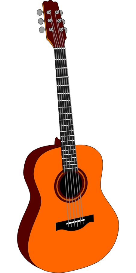 an orange acoustic guitar on a black background, a digital painting, by Andrei Kolkoutine, pixabay, sōsaku hanga, flat vector art, set against a white background, dark orange black white red, straw