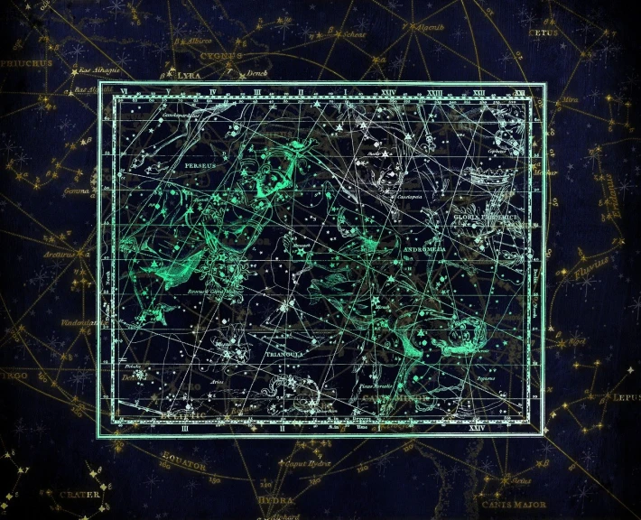 a map of the night sky with stars and constellations, a digital rendering, art deco, unknown zodiac sign, discovered photo, taken through a telescope, with lots of details