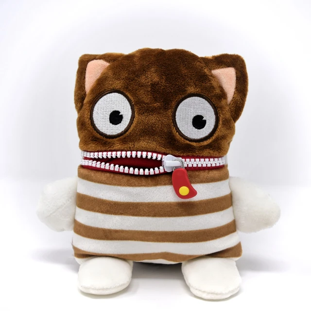 a stuffed animal with a zipper on its mouth, inspired by Kubisi art, high res photo, anthropomorphic cat, brown body, stripes