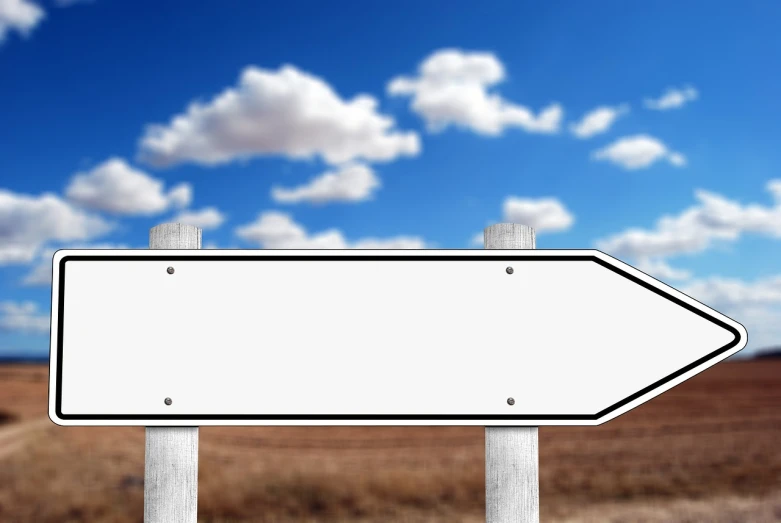 a white sign sitting in the middle of a field, by Juan O'Gorman, trending on pixabay, plain uniform sky at the back, road street signs, the background is blurred, a wooden