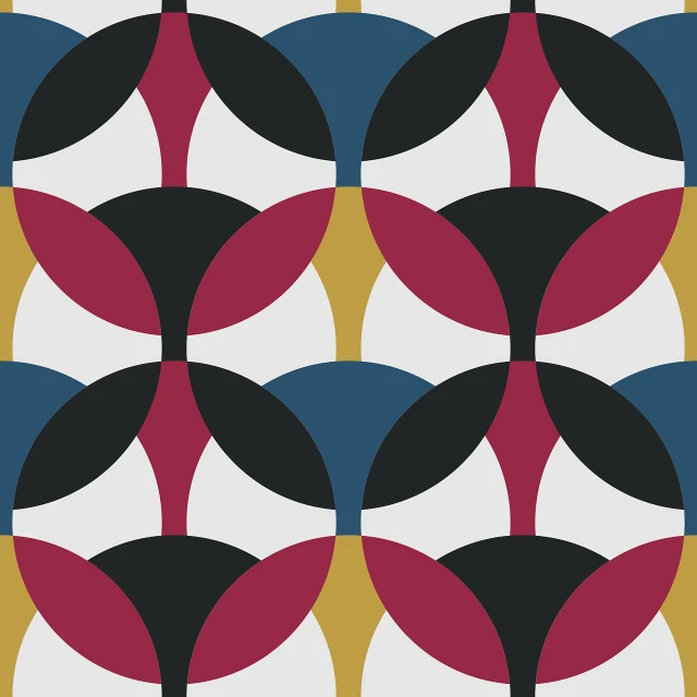 a pattern of black, red, yellow, and blue circles, inspired by Bauhaus, tumblr, oriental wallpaper, palette is black violet gray red, 9, lattice