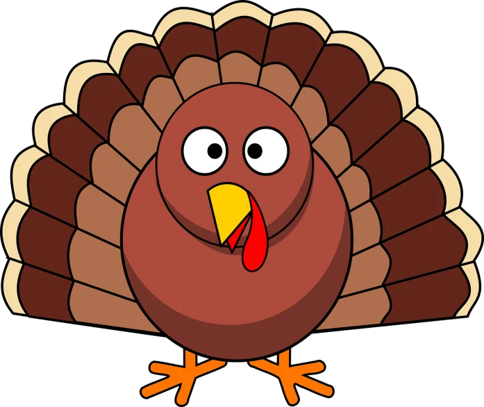 a cartoon turkey standing in front of a black background, by Carey Morris, pixabay, hurufiyya, !! looking at the camera!!, high school, brown, november